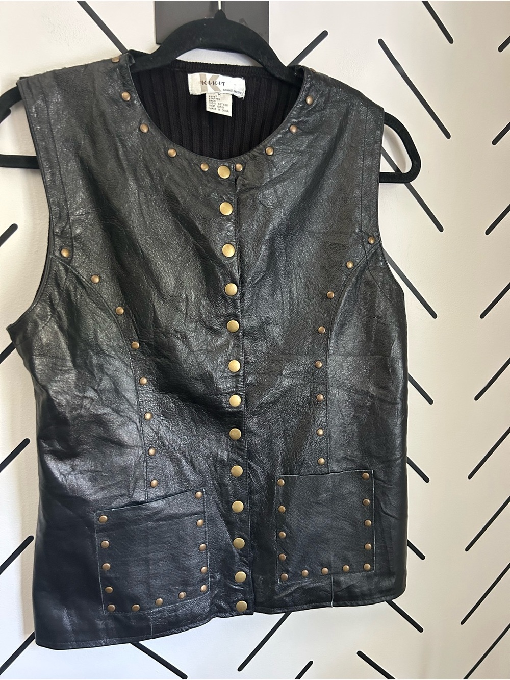 Vintage Black leather studded snap button vest